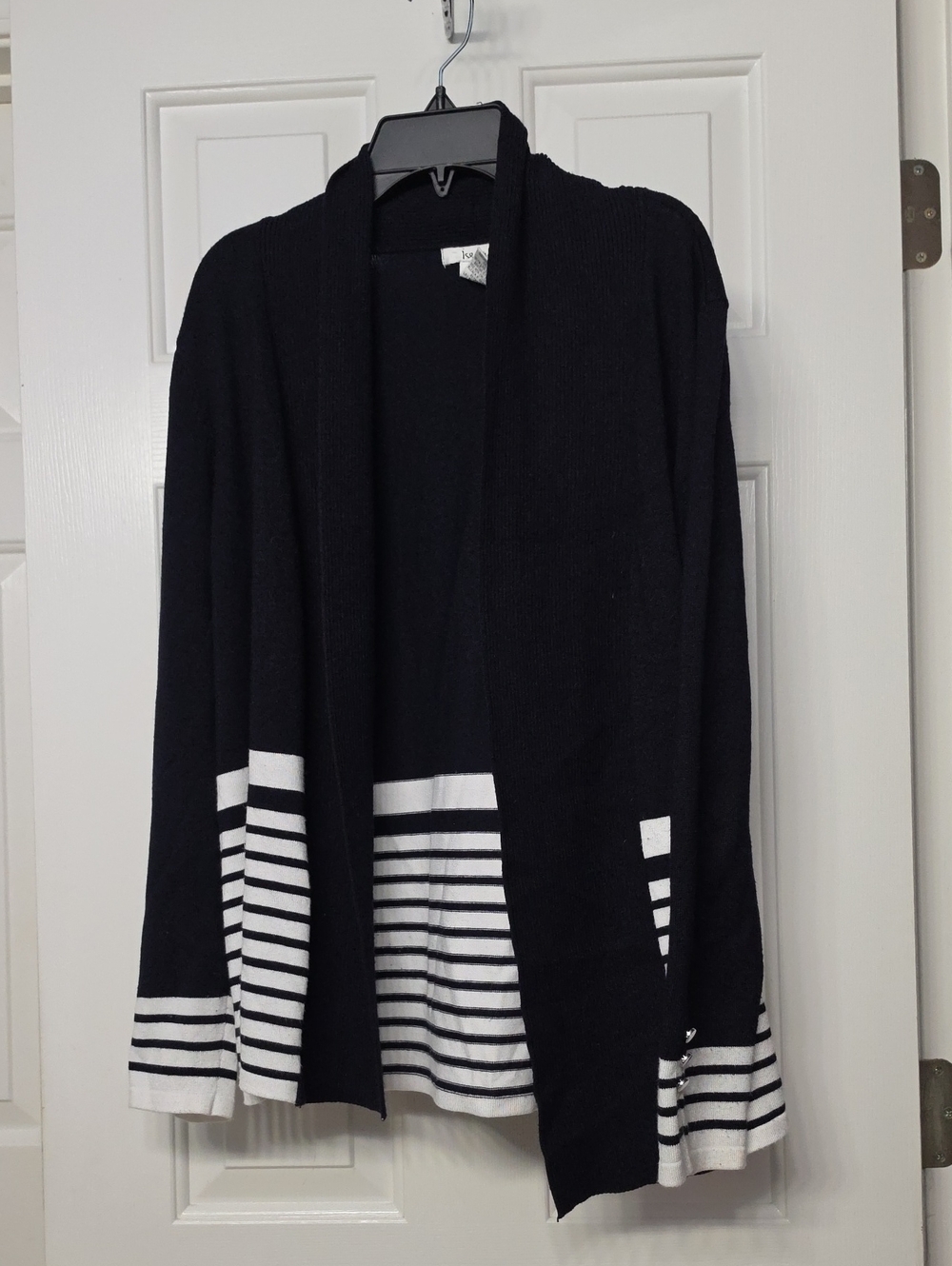 Navy Open-Front Cardigan with White Stripe Hem